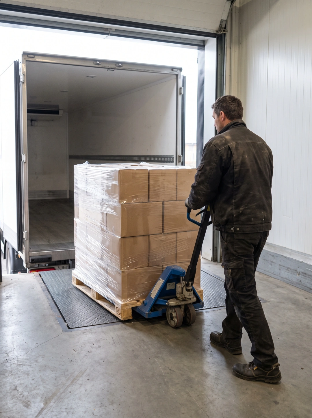 Palette de cartons d'œufs chargée au transpalette dans un camion