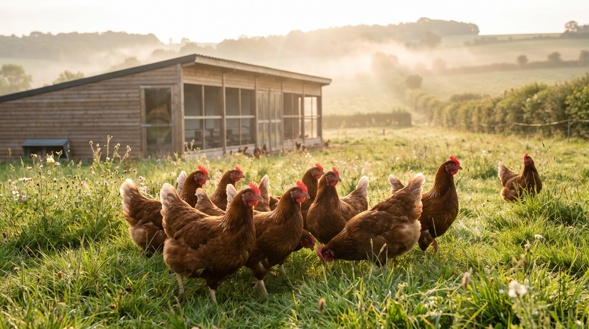 Poules pondeuses en plein air devant leur bâtiment, au petit matin